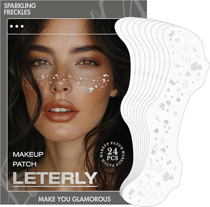 24 Pcs Glitter Freckles Face Tattoo,Silver Face Glitter Makeup Patches Cute Sparkle Freckles Patches Waterproof Makeup Speckles for Face Accessories for Women Girls