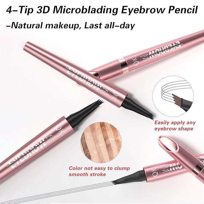3D Eyebrow Pencil, 4 Tip Microblading, 24 Hours Smudge Proof Brow Pen, Brow Pen Makeup Natural Fine Stroke, Waterproof Eyebrow Pencil for Women (Dark Brown) - 1 Pack