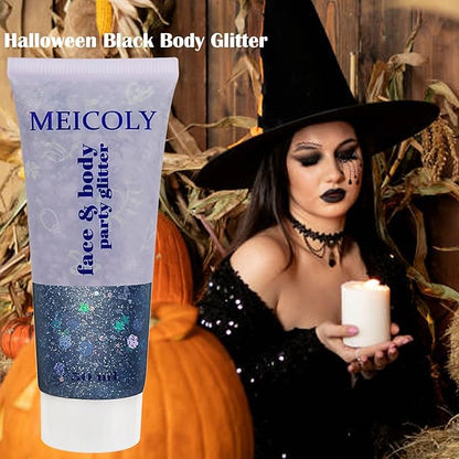 MEICOLY Black Glitter, Professional Body Paint, Mermaid Sequins Eye Glitter for Halloween Cosplay SFX Makeup, Chunky Face Gel for Women and Kids, 50ml