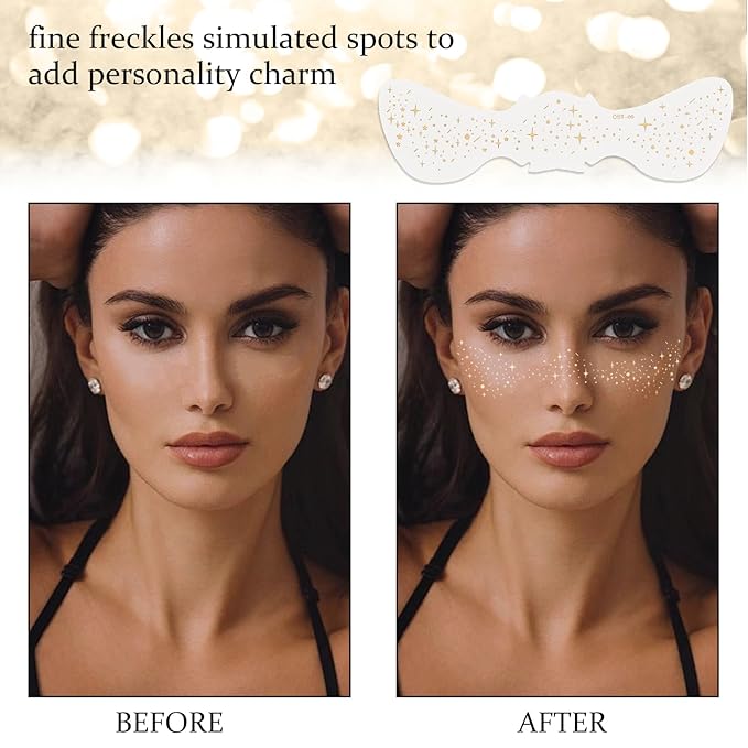 NICENEEDED 12 Pcs Glitter Freckles Face Tattoo, Gold Glow Up Makeup Patches, Faux Freckles Cosmetic Glitter for Face Glitter Speckles Patch Cute Glitter Makeup Accessories for Women