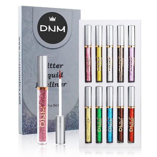 VOLLUCK 10 Colors Glitter Eyeliner liquid, Metallic Shimmer Glitter Eyeshadow, Long Lasting Waterproof Sparkling Eyeliner Eye Shadow Set for Party Festival Makeup