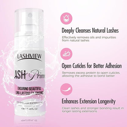 LASHVIEW 2025 Update Lash Primer for Eyelash Extensions 45ml Professional Use Only Easy to Removes Proteins and Oils Increase Adhesive Bonding Power
