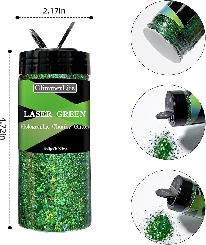 GlimmerLife Green Chunky Glitter 150G/5.29OZ Glitter, Holographic Chunky Glitter Sequin Flake Bulk, Craft Glitter for Resin, Nail, Face, Body, St. Patrick's Day Decorations, Epoxy Tumblers