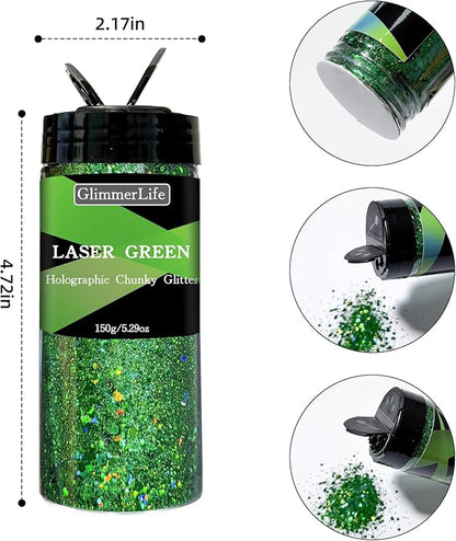 GlimmerLife Green Chunky Glitter 150G/5.29OZ Glitter, Holographic Chunky Glitter Sequin Flake Bulk, Craft Glitter for Resin, Nail, Face, Body, St. Patrick's Day Decorations, Epoxy Tumblers