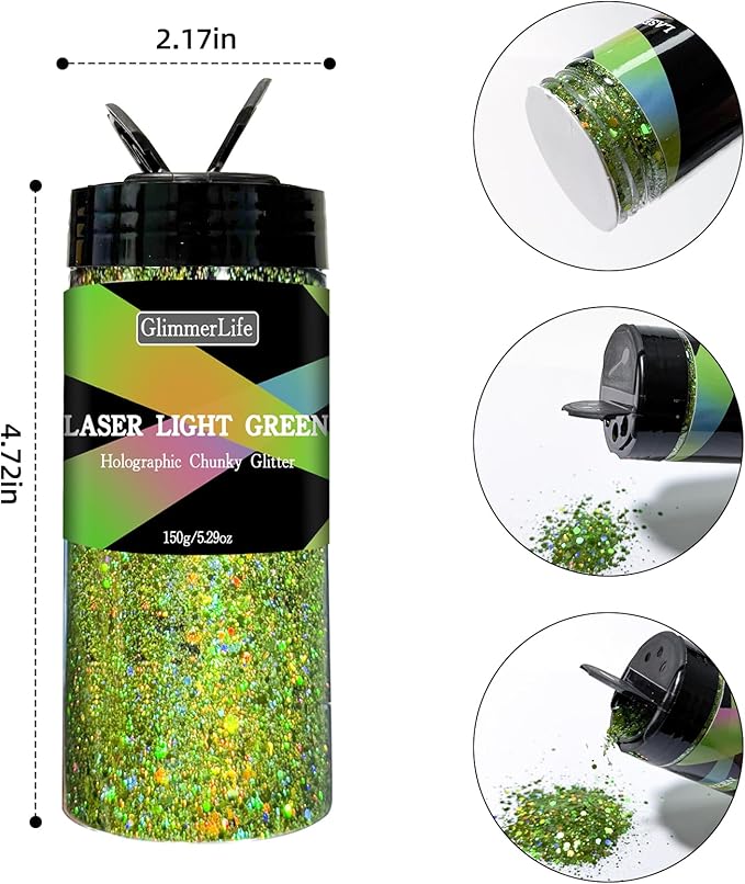 GlimmerLife Green Chunky Glitter 150G/5.29OZ, Craft Glitter for Resin, Nail, Face, Body, Holographic Chunky Glitter, Glitter Sequin Flake Bulk, St. Patrick's Day Decorations, Epoxy Tumblers