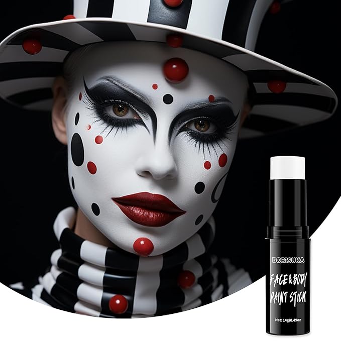 BOBISUKA White Face Body Paint Stick Eye Black Sticks for Football Baseball Softball Water Based Face Painting Kit Quick Drying Foundation Makeup for Halloween Clown Skeleton Skull Cosplay SFX Costume