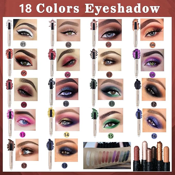 White Eyeshadow Stick Makeup, Highlighter Matte Cream Eye Shadow Pencil, Waterproof Hypoallergenic Long Lasting Crayon, Glitter Primer Palette Shimmer Eyeliner Pen wiht Soft Brush