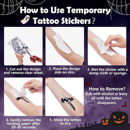 Joker Temporary Tattoos and Hair Color - 6 Sheets Joker Fake Tattoos and 20g Temporary Green Hair Color Wax Set for Halloween, Parties and Cosplay, 2 Black Eyebrow Brushes
