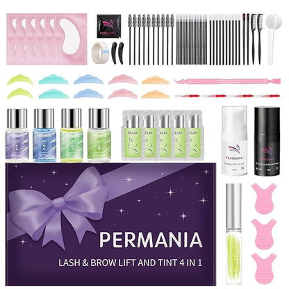 PERMANIA Lash Lift Kit, Salon Grade Supplies for Eyelash Lift and Brow Lamination Black Color 4 in 1 Fast Quick Curling & Coloring 10 ml Natural Result Hair Color Developers