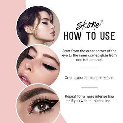 Skone Cosmetics Tattooed Eyeliner & Stencil Duo - Waterproof, Smudge Proof Felt Tip Liquid Eyeliner & Easy to Use Multifunctional Eyeliner Aid Stencil Tool Guide for Mascara Shield Applicator Guard, L