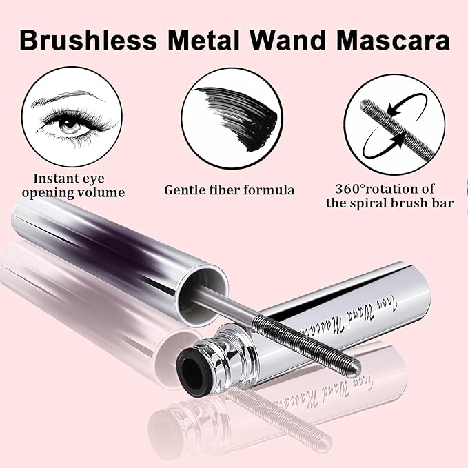 2PCS Iron Wand Mascara, 2025 New Black Washable Metal WandMascara, 3D Curling Iron Wand Fiber Lash Mascara Extension Super Volume Eyelash Non-Clumping Smudge-Proof Long Lasting Flake-Proof