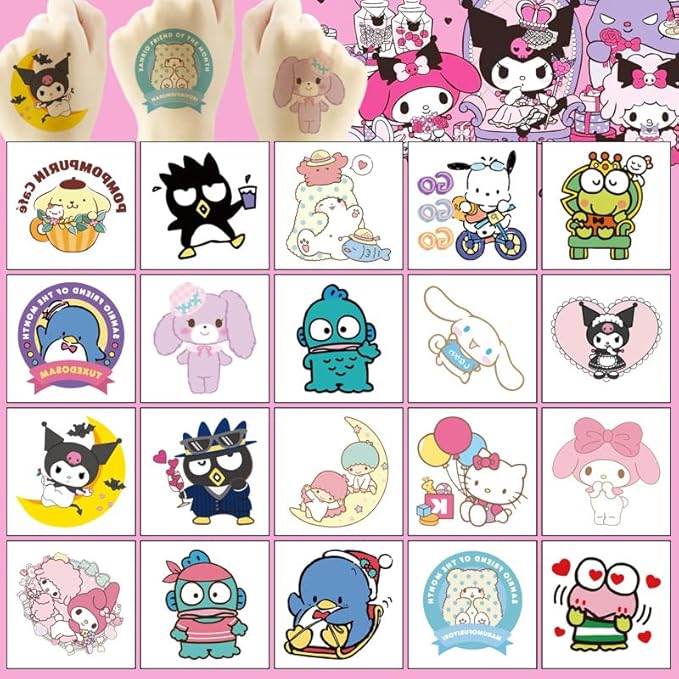 40 PCS Kitty Birthday Party Supplies Tattoo Sticker for Kids, Sanrio Anime Cartoon Tattoos for Boys Girls, Waterproof Tattoo Sticker Birthday Parties