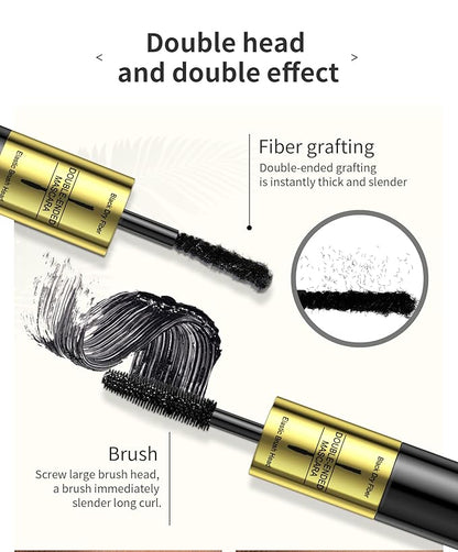4d Lengthening Curling Black Mascara, 2 in 1 Mascara Double Headed Tubing for Lash Makeup, 5x Longer Waterproof Lash Silk Fiber Eyelash, Non Smudge Lasting Curling