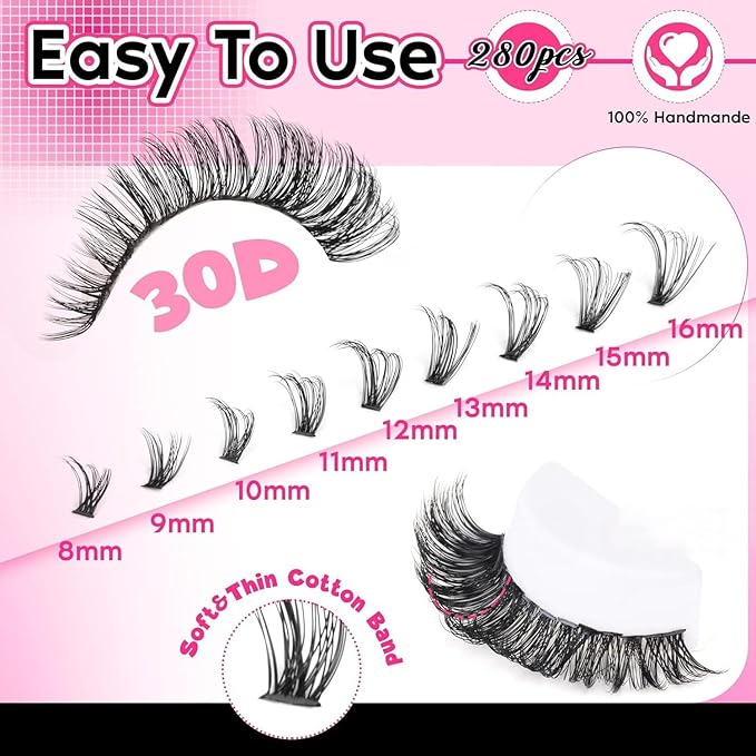 FANXITON Lash Clusters 280 Pcs Wispy Lash Clusters D 8-16 MM Natural Eyelash Clusters 30D Individual Eyelash DIY Lash Extensions at Home (30D)