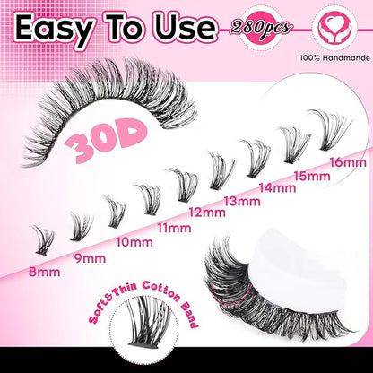 FANXITON Lash Clusters 280 Pcs Wispy Lash Clusters D 8-16 MM Natural Eyelash Clusters 30D Individual Eyelash DIY Lash Extensions at Home (30D)