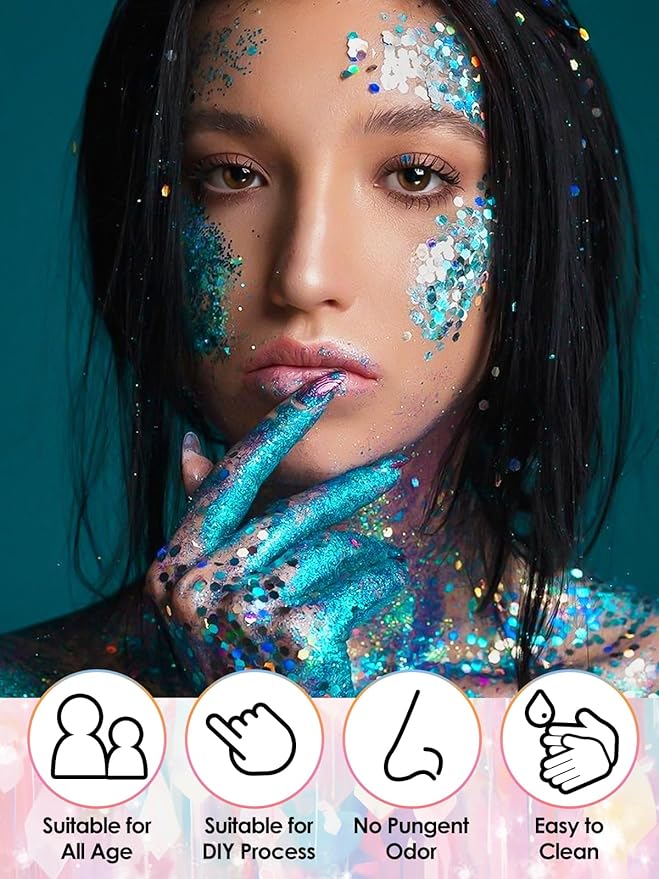 9Colors Face Body Glitter Gel, TOROKOM Sparkling Holographic Face Glitter Gel Mermaid Cosmetic Glitters Flakes Gel Long Lasting Chunky Glitter for Valentine's Day Party Rave Eye Lip Hair Nail Body