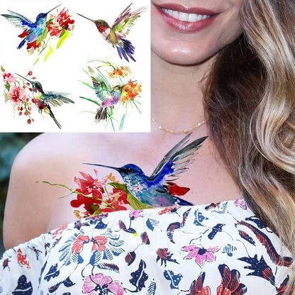 15 Sheets FANRUI 3D Watercolor Hummingbird Temporary Tattoos For Women Girl Small Multicolor Hummer Birds Tattoo Temporary Colorful Flower Fake Face Tatoo Kids Tiny Hands Waterproof Tatto Adult Tato