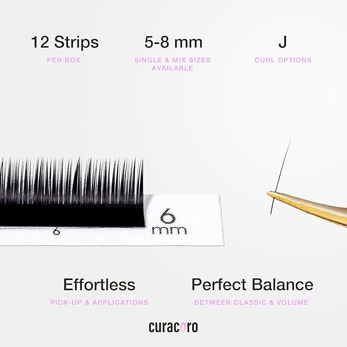Curacoro Super Mink Bottom Lash Extension, Multi Selections from 0.07 to 0.1, J Curl, 5-8mm Length Mixed Tray Silk Eyelashes, Matte Black Finish, Natural Looking Individual Eyelash Extensions