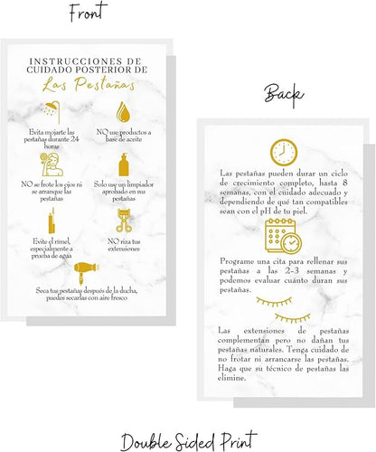 Spanish Lash Aftercare Instructions | 50pk | Cuidado Posterior de la Extensión de Pestañas | 2 x 3.5” inch Card for clients | Eyelash Extension Supplies marble gold beautiful, 2-3 week refills fillers