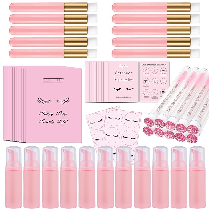 52PCS Lash Shampoo Bottles Brushes Set, 10pcs Foam Pump Dispenser, Lash Cleaning Brush, Eyelash Extension Tube Brush, Instructions Cards, Lash bags, 2pcs Eyelash Stickers for Business Clients (pink)