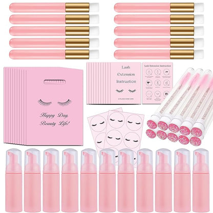 52PCS Lash Shampoo Bottles Brushes Set, 10pcs Foam Pump Dispenser, Lash Cleaning Brush, Eyelash Extension Tube Brush, Instructions Cards, Lash bags, 2pcs Eyelash Stickers for Business Clients (pink)
