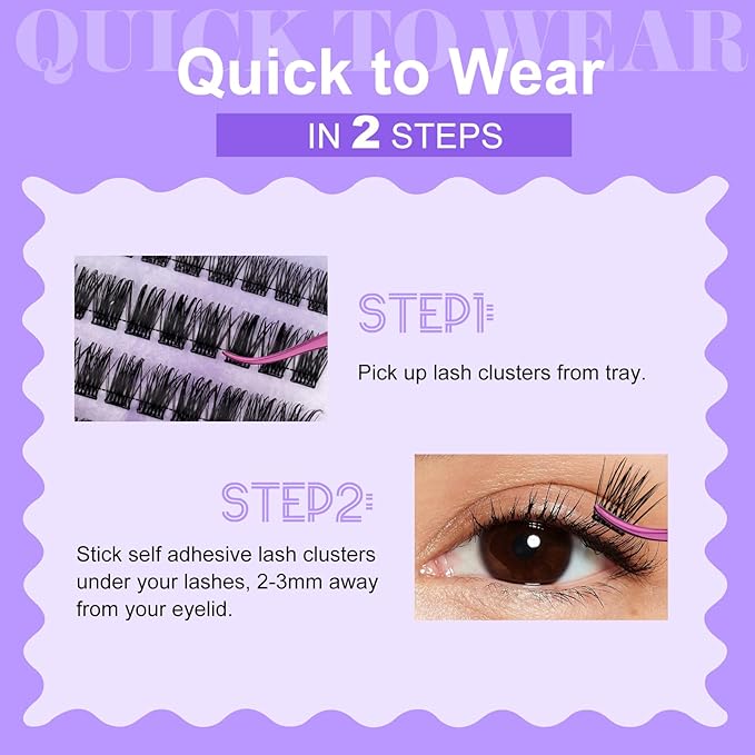 Self Adhesive Eyelashes Kit DIY Eyelash Extension Reusable Adhesive Eyelashes Press On Falsies No Glue No Remover Needed Self Stick Cluster Lashes and Tweezers(C02-0.07D Kit,10-18mm)