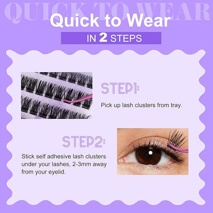 Self Adhesive Eyelashes Kit DIY Eyelash Extension Reusable Adhesive Eyelashes Press On Falsies No Glue No Remover Needed Self Stick Cluster Lashes and Tweezers(C02-0.07D Kit,10-18mm)