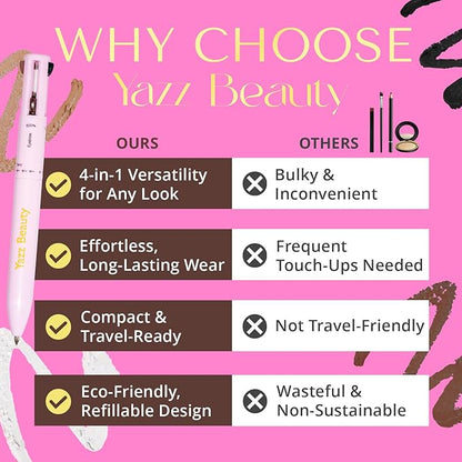 YazzBeauty - 4 in 1 Makeup Touch Up Pen with Nude Lip Liner, Black Eyeliner, Medium Brown Eyebrow Pencil, and Radiant White Matte Highlighter, Compact Beauty Pen, Smudge Proof, Vegan, Cruelty-Free