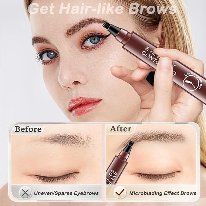 Eyebrow Contouring Pen, 2025 New Upgraded Waterproof Eyebrow Pen with 4-Prong Micro-Fork-Tip Applicator, Liquid Eyebrow Pen for Women Creates Natural Looking Brows Effortlessly, Red