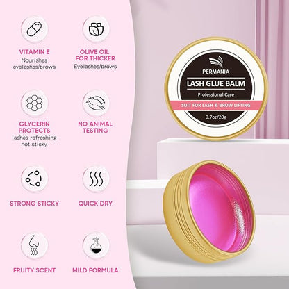 PERMANIA Lash Glue Balm, Eyelash Lifting Adhesives Strong Hold and Perfectly Shaped Eyebrows for Brow Lamination Kit, Lash Lift Balm Bright Colors & Fruity Flavours Fast Drying & Waterproof (Pink)