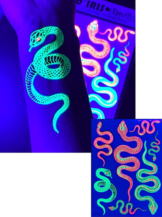 Temporary UV Reactive Tattoos – 1 Sheet Snake Design Body Paint Art Blacklight Festival Accessories Glow in the Dark Party Supplies | 7.2” x 5.2” Temp Great for EDM EDC Party Rave Parties