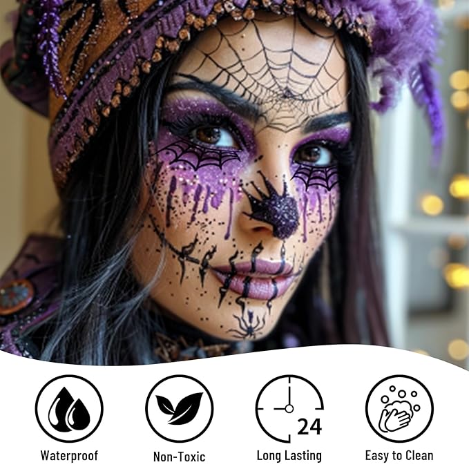 BOBISUKA Halloween Spider Face Body Paint Kit, With Oil Based Black Purple Face Painting + Eyelash, Non-Toxic for Women Adults Cosplay Stage SFX Makeup