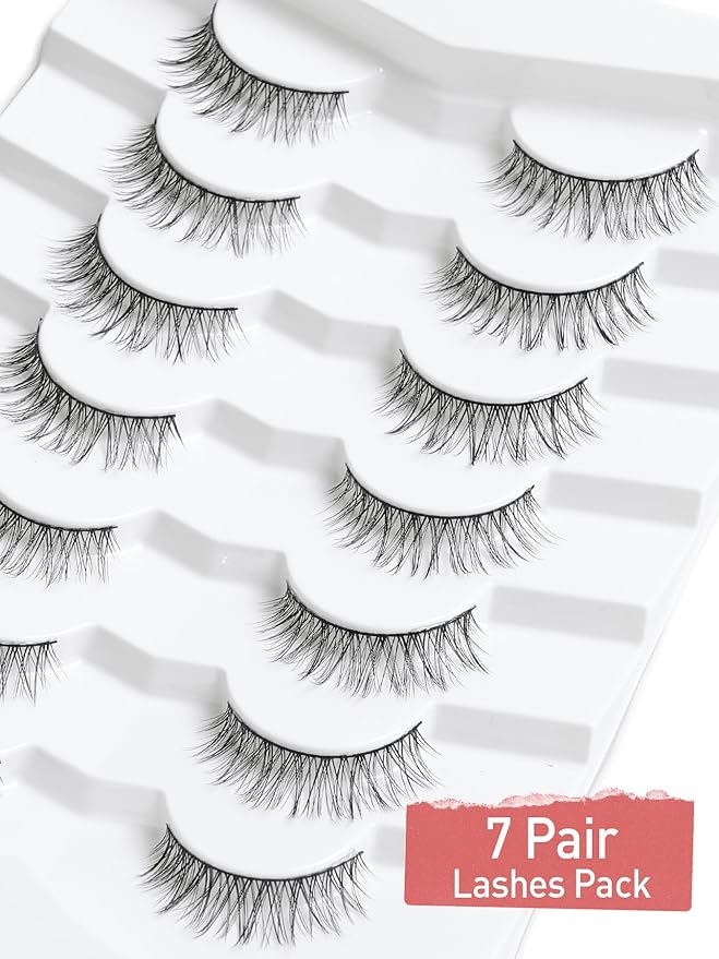 Lashes Wispy Eyelashes False Eyelashes 10MM Short Lash Thin Band Strip Lashes Natural Lashes 3D Volume Eyelashes Soft False Lashes 7 Pair Siligli
