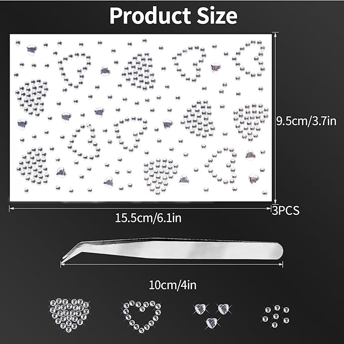 3 Sheets Face Gems Jewels Self Adhesive Heart Rhinestone Stickers for Face Eyes Makeup Hair Body Stick on Rhinestones Stickers for Valentine Festival Decal Decor(White)
