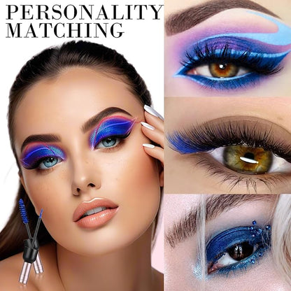 Blue Mascara & Liquid Eyeliner Set, Waterproof Eyeliner Colored Mascara Volume and Length Halloween Eye Liner Lash Makeup Natural Smudge-Proof Colorful Lasting Wine Bottle Pigmented Pencil