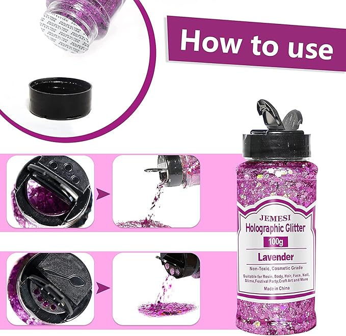 Holographic Chunky Glitter, 100g Lavender Cosmetic Craft Glitter for Epoxy Resin, Nail Sequins Iridescent Flakes, Body, Face, Hair, Nail, Glitter Slime Making