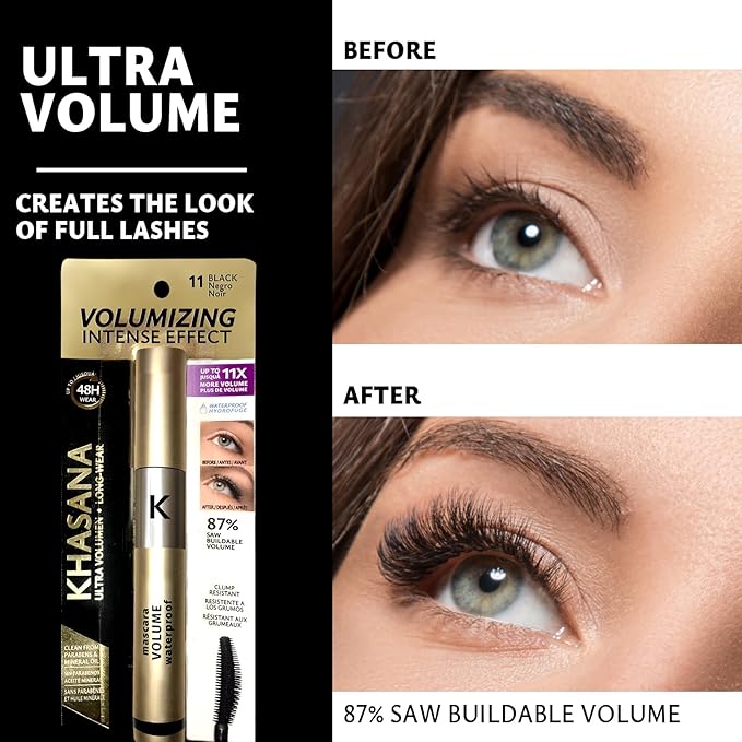 Ultra Voluminizing Intense Effect, Black Mascara for Extra-Volume, Waterproof & Long Lasting Formula, Clump Resistant Wand, 11X More Volume, Up to 48 Hrs Long Wear, Paraben Free. 1 Count