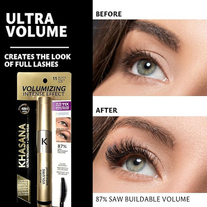 Ultra Voluminizing Intense Effect, Black Mascara for Extra-Volume, Waterproof & Long Lasting Formula, Clump Resistant Wand, 11X More Volume, Up to 48 Hrs Long Wear, Paraben Free. 1 Count