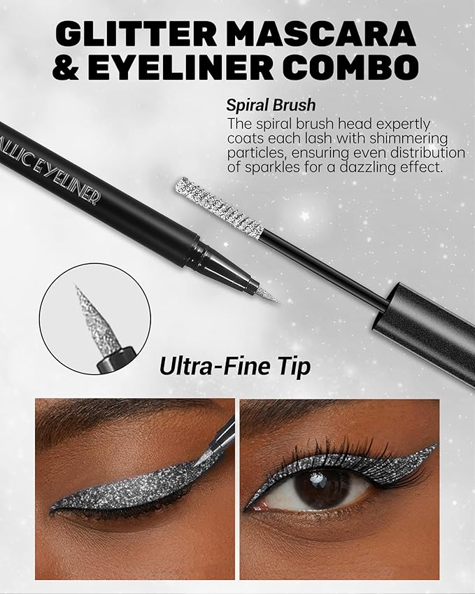Sliver Mascara and Eyeliner Set,5D Silk Fiber Lash Extension Colored Tube Mascara Volume and Length,Waterproof Glitter Eyeliner Liquid,Long Lasting Smudge-Proof Eye Makeup Kit-Pink