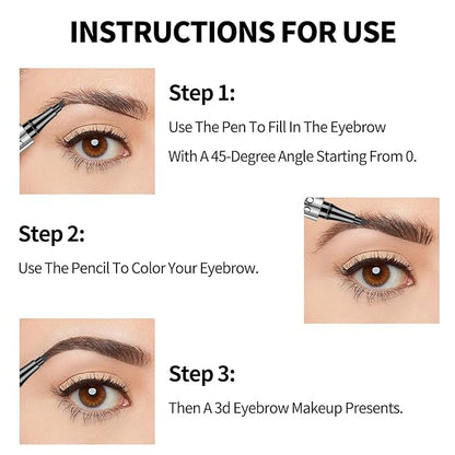 Magic Eyebrow Pencil 4 Tipped Precise Brow Pen Upgraded 3D Waterproof Microblading Contouring Pen Natural Fine Stroke Microblading Eyebrow Pencil (Dark Brown)