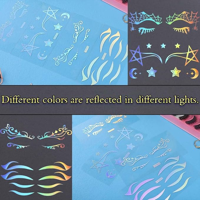 Uranian Holographic Eyeliner Stickers Temporary Self-adhesive Eyeshadow Sticker for Women Girls Spider Web Stars Eyelid Tape Wing Eye Makeup Stickers for Halloween Carnival Club Festival Party (Set 1)