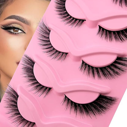 Fox Eye Lashes Wispy Eyelashes 18mm Cat-Eye Lashes Angel Wing Lashes Faux Mink False Eyelashes Natural Look 5 Pairs pack(XF05), black