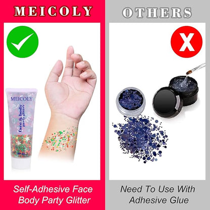 Christmas Makeup,MEICOLY Christmas Face Body Glitter Gel,Christmas Stocking Stuffers Gift Decorations,Festival Hair Glitter for Women Kids Girls,Chunky Sparkling Sequins Glitter Face Paint
