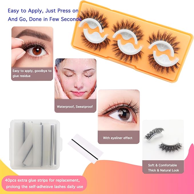 DAODER Self Adhesive Eyelashes Wispy Lashes Natural Look NO Glue Need Press On Lashes 3 Pairs Soft Fluffy Reusable Eyelashes with 40 Extra Glue Strips 14mm (Round Eye GX02)