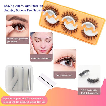 DAODER Self Adhesive Eyelashes Wispy Lashes Natural Look NO Glue Need Press On Lashes 3 Pairs Soft Fluffy Reusable Eyelashes with 40 Extra Glue Strips 14mm (Round Eye GX02)