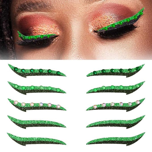Uranian Glitter Eyeliner Stickers With Rhinestones - Instant Adhesive Eye Line Strip, Reusable Eyeshadow Sticker, Colorful Eyelid Tape for Party Eye Makeup Tool for Women (Green)