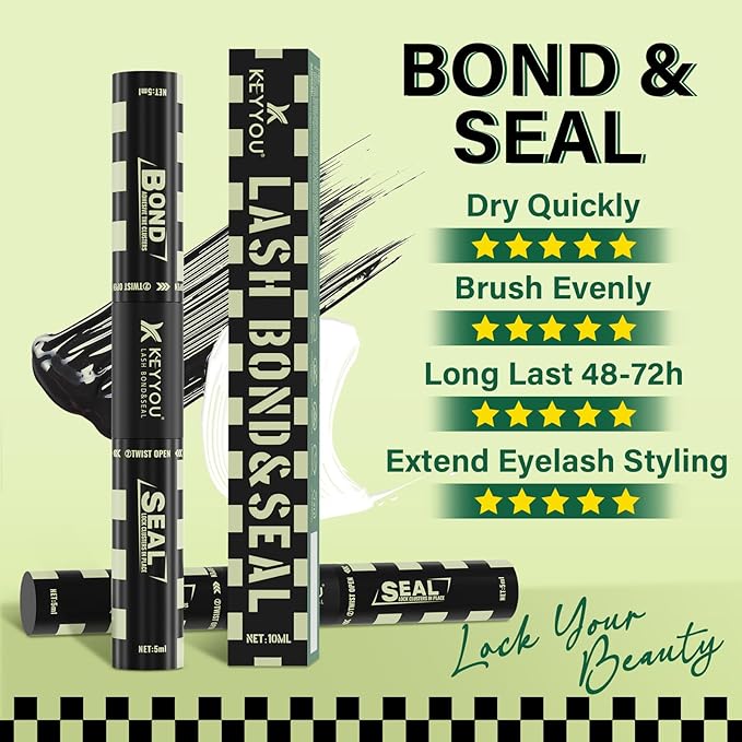 Lash Bond and Seal 10ML Bond and Seal Lash Glue KEYYOU Lash Cluster Glue Mascara for Long Lasting WaterProof Lash Extension Glue Black-5ml+5ml