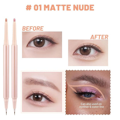 3PC Dual Ended Highlighter Makeup Pen, Glitter & Matte Nude EyeLiner & Eyeshadow, Liquid Contour Liner 2 in 1 Eye Make Up Stick, Mulit-Funtional Long Lasting Lying Silkworm Pencil Set