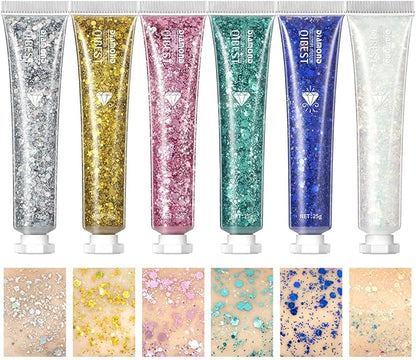 Pop Eye Shadow Sequin Cream Face Body Glitter Polarized Sequin Cream High Light Dazzle Color Brightening Set Stage Makeup， 6-Color Suit