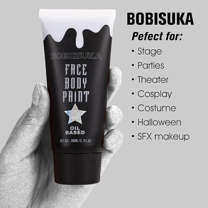BOBISUKA Silver Face Body Paint, Metallic Oil-based Painting Kit, Cream Blendable Facepaint for Halloween Cosplay, Costume, Parties, Stage, Theater, SFX Special Effect Makeup（2.1 Fl.oz）